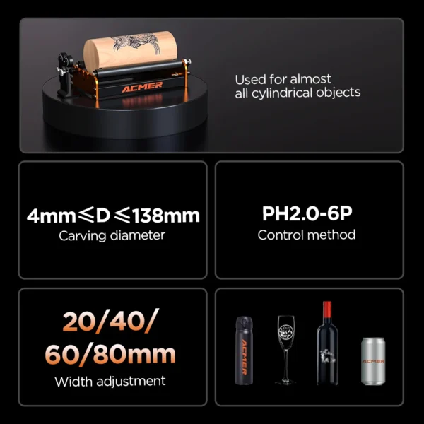ACMER M2 Laser Rotary Roller Laser Engraver Module 360° Rotating Y-axis Rotary Roller for ORTUR XTOOL ATOMSTACK Laser Engraver - Image 2