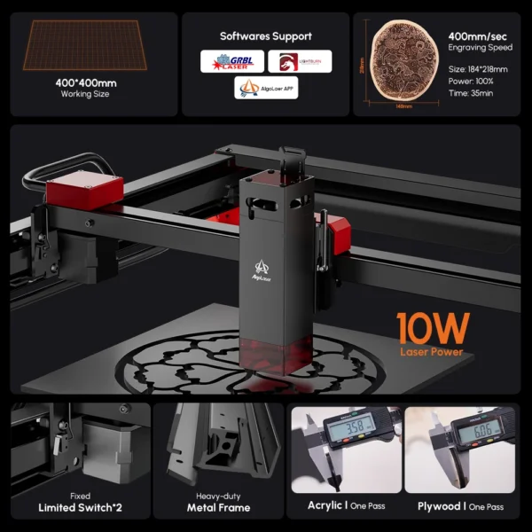 Algolaser Alpha 10W Laser Engraving Machine 20000mm/min Engraving Range 400mmx400mm Supports WIFI And Mobile APP Emergency Stop - Image 4